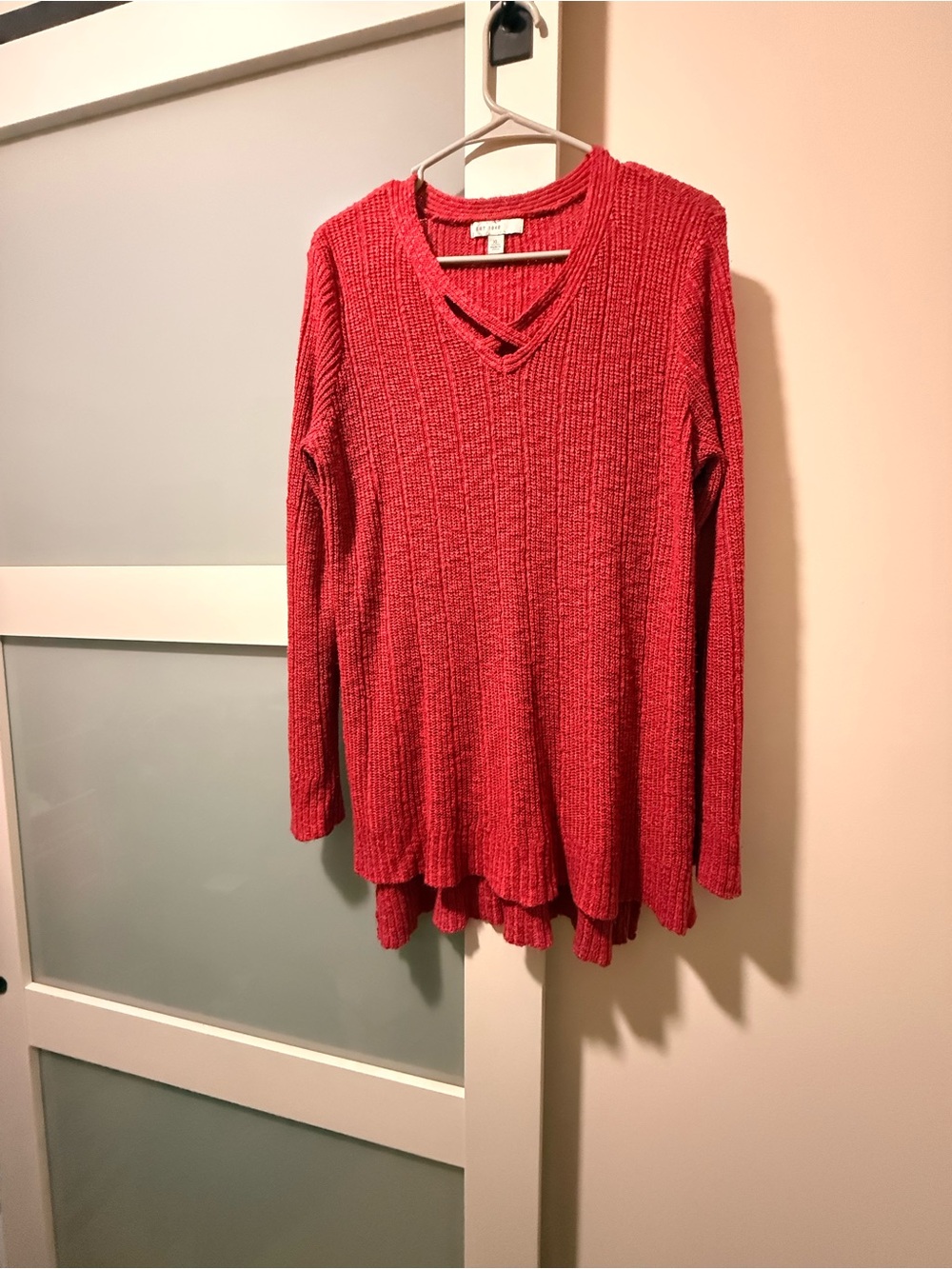 Woman Within Red Ribbed V-Neck Long Sleeve Top